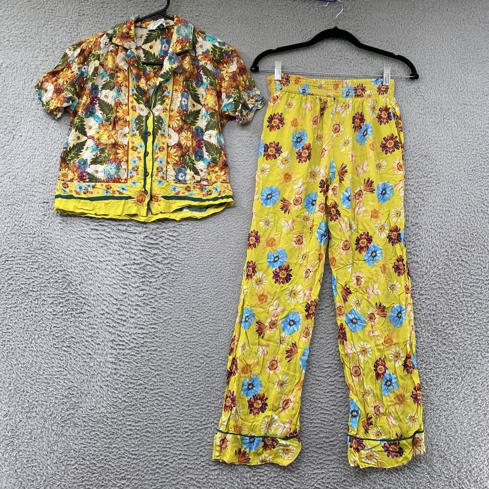 Moxy Collective Pajama Set Womens XS Yellow Floral Button Up Pants Anthropologie